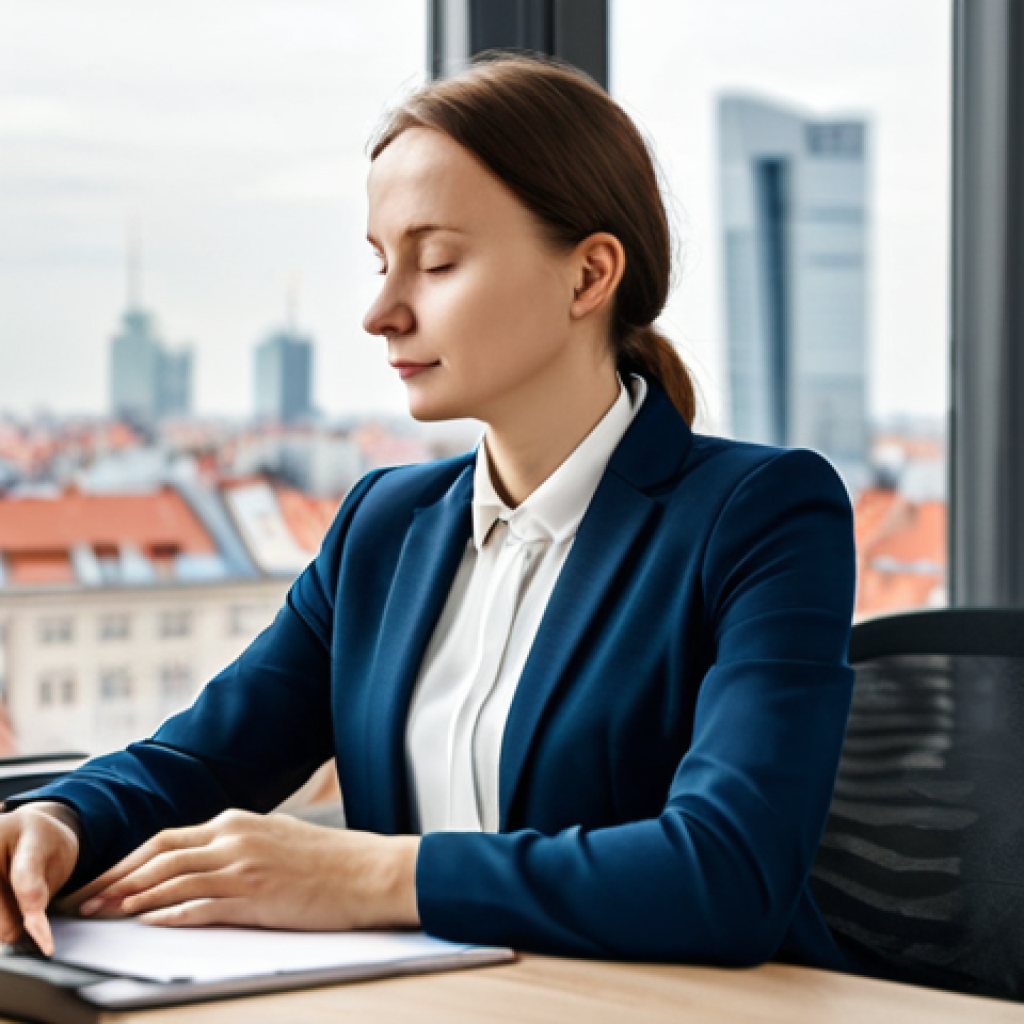A Polish professional in a modern, well-lit office in Warsaw, dressed in a modest business suit, taking a quiet moment for mindful breathing at their desk. They have well-formed hands resting calmly on the desk. The background shows a blurred city view of Warsaw through a window, emphasizing a calm moment amidst urban life. fully clothed, appropriate attire, safe for work, perfect anatomy, correct proportions, natural pose, professional photography, high quality, professional, family-friendly.