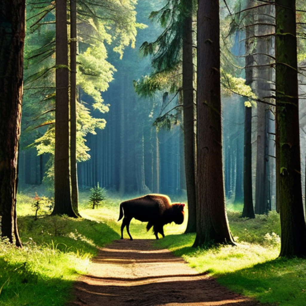 Białowieża Forest Scene**
"A sunlit clearing in the ancient Białowieża Forest, Poland. Towering oak and pine trees, dappled light filtering through the leaves. A fully clothed hiker, appropriate attire, stands on a path, observing a majestic żubr (European bison) grazing peacefully. Perfect anatomy, correct proportions, natural pose. Safe for work, appropriate content, professional, family-friendly, high quality, professional photography."
**