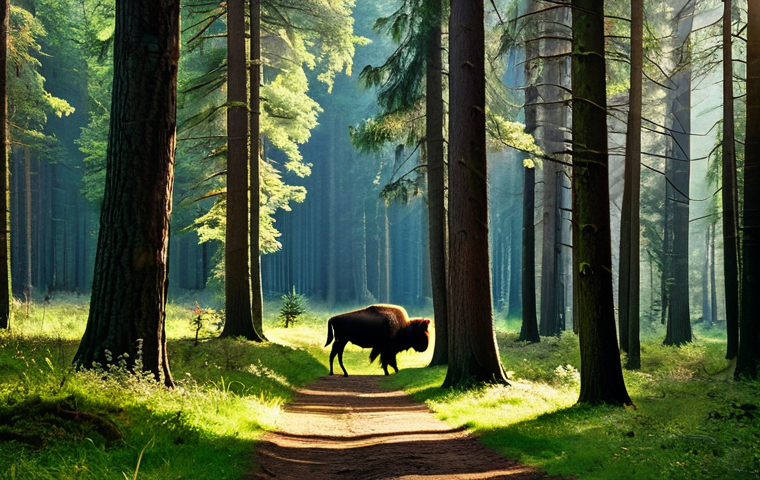 Białowieża Forest Scene**
"A sunlit clearing in the ancient Białowieża Forest, Poland. Towering oak and pine trees, dappled light filtering through the leaves. A fully clothed hiker, appropriate attire, stands on a path, observing a majestic żubr (European bison) grazing peacefully. Perfect anatomy, correct proportions, natural pose. Safe for work, appropriate content, professional, family-friendly, high quality, professional photography."
**