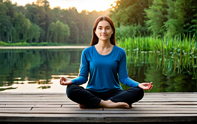 내면 평화 명상을 위한 음악 추천 - Tranquil Lakeside Meditation**
"A woman in comfortable, modest clothing, sitting in a lotus pose on...