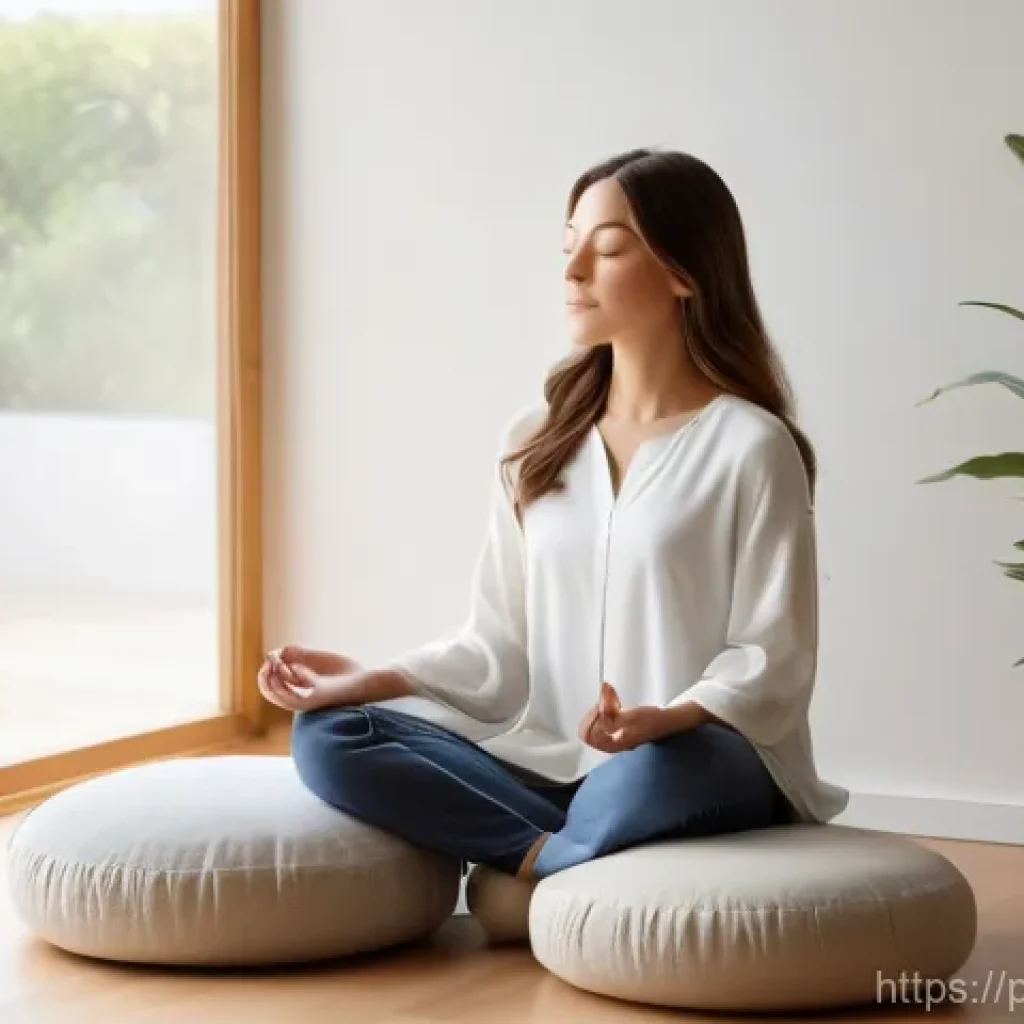 내면 평화 명상 시 발생하는 일반적인 어려움 - **Prompt:** A serene and calm woman, approximately 30 years old, with soft, flowing brown hair, medi...