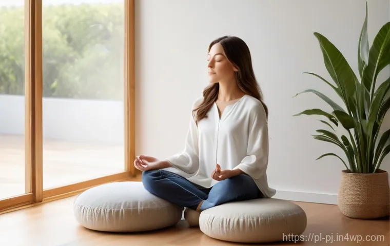 내면 평화 명상 시 발생하는 일반적인 어려움 - **Prompt:** A serene and calm woman, approximately 30 years old, with soft, flowing brown hair, medi...