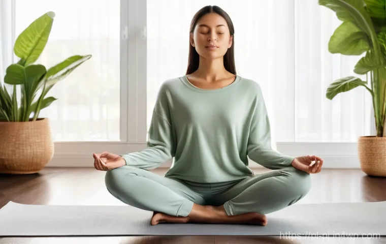 호흡 명상으로 내면 평화 찾기 - **Prompt 1: Serene Inner Peace Through Breath**
A young woman in her late 20s or early 30s, with...
