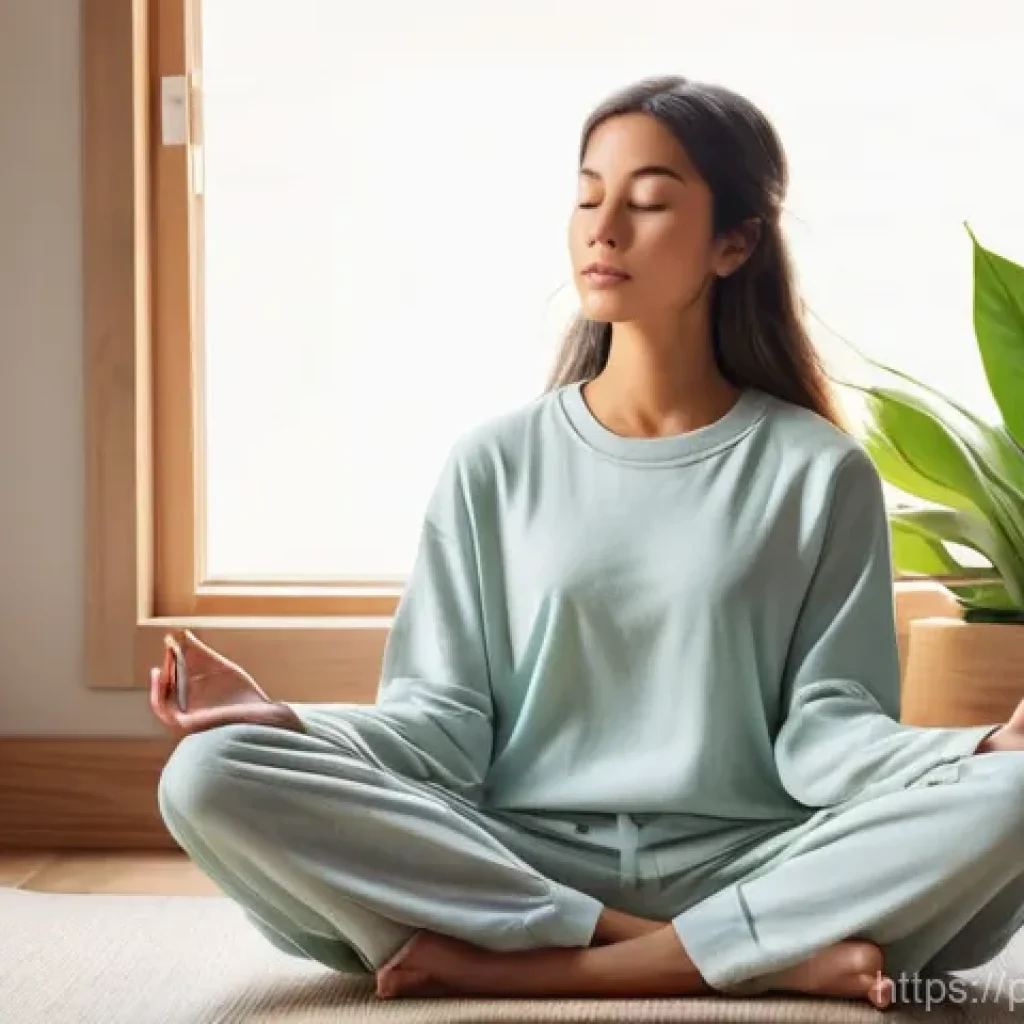 정신적 안정성을 위한 내면 평화 명상 - **Prompt 1: Serene Morning Meditation**
A young adult, gender-neutral, dressed in comfortable, m...
