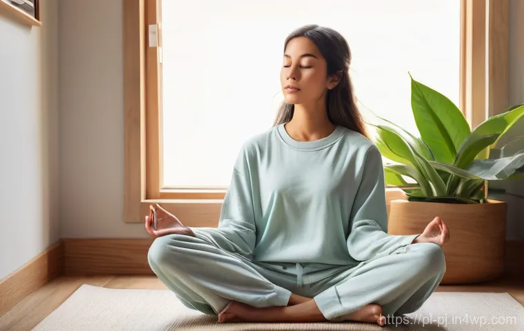 정신적 안정성을 위한 내면 평화 명상 - **Prompt 1: Serene Morning Meditation**
A young adult, gender-neutral, dressed in comfortable, m...