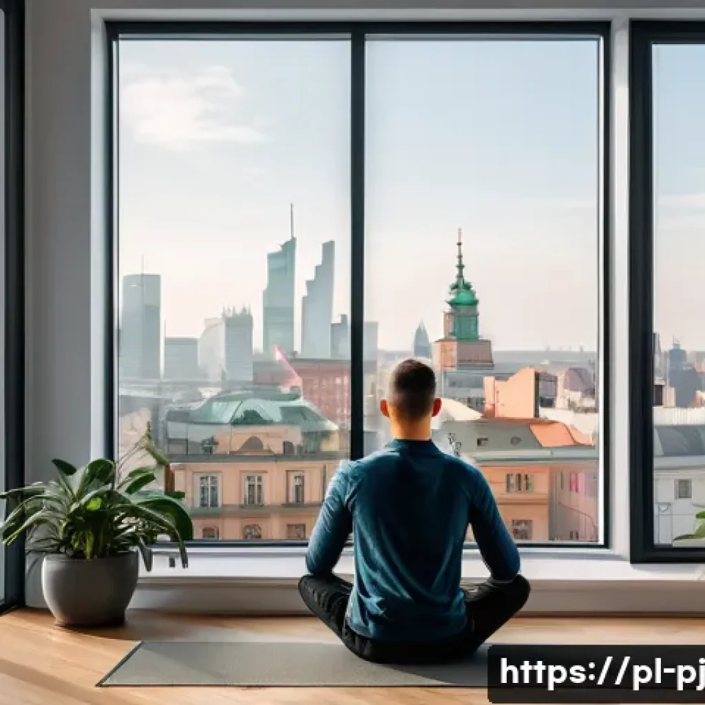내면 평화 명상 기법의 최신 연구 동향 - A serene modern home office setting featuring a young Polish professional practicing mindfulness med...