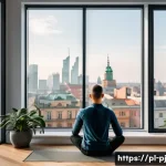 Home 22 내면 평화 명상 기법의 최신 연구 동향 - A serene modern home office setting featuring a young Polish professional practicing mindfulness med...