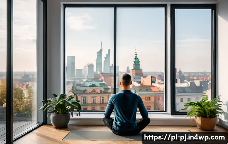 내면 평화 명상 기법의 최신 연구 동향 - A serene modern home office setting featuring a young Polish professional practicing mindfulness med...