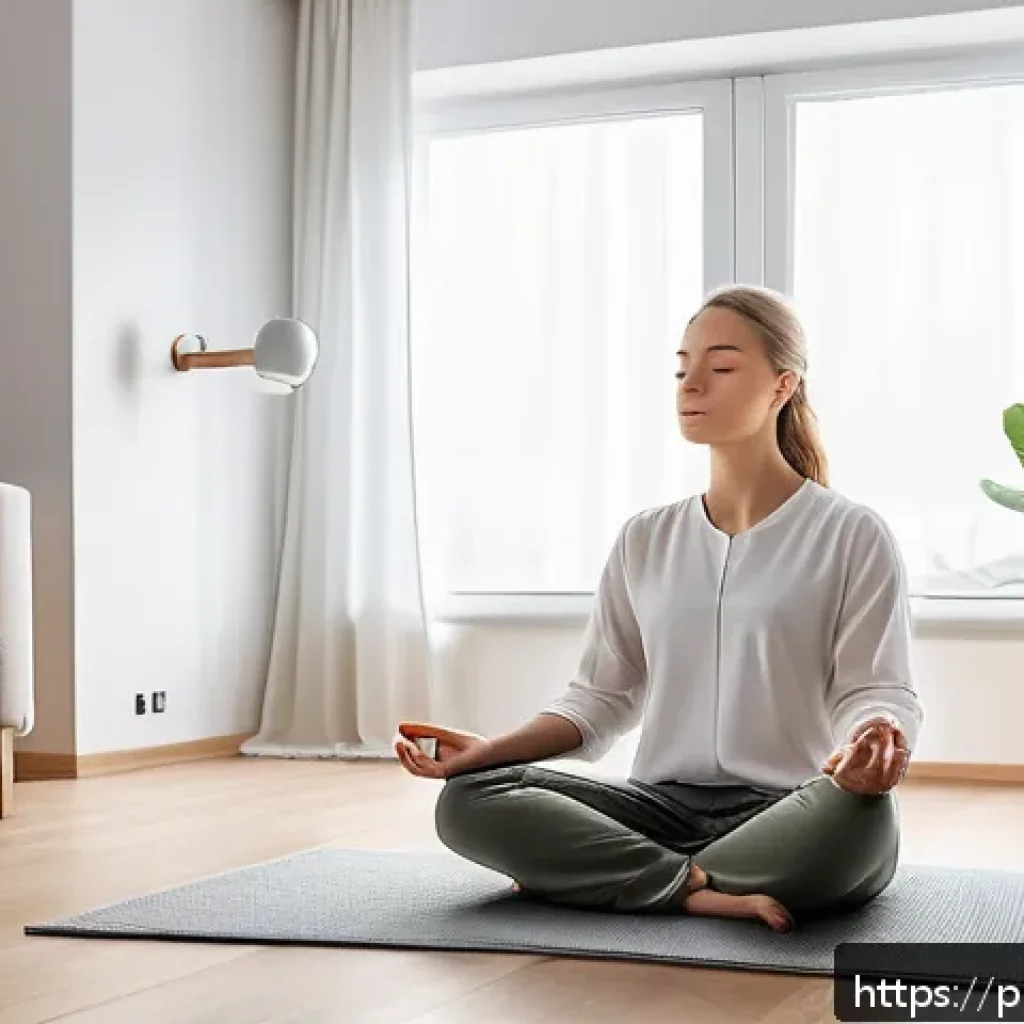 내면 평화 명상을 위한 온라인 강의 추천 - A peaceful home meditation corner in a modern Polish apartment, featuring a cozy cushion on a wooden...
