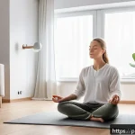 Home 21 내면 평화 명상을 위한 온라인 강의 추천 - A peaceful home meditation corner in a modern Polish apartment, featuring a cozy cushion on a wooden...
