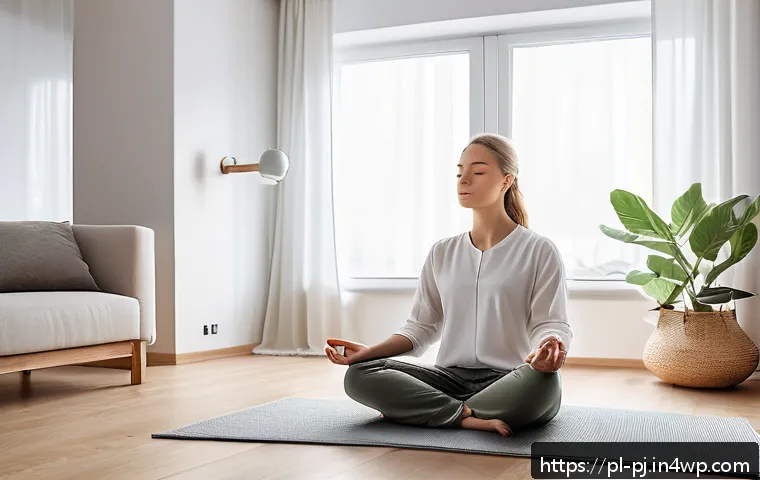 내면 평화 명상을 위한 온라인 강의 추천 - A peaceful home meditation corner in a modern Polish apartment, featuring a cozy cushion on a wooden...