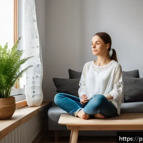 Home 32 내면 평화를 위한 감정 수용 방법 - A peaceful indoor scene showing a young Polish adult sitting comfortably in a cozy living room, prac...