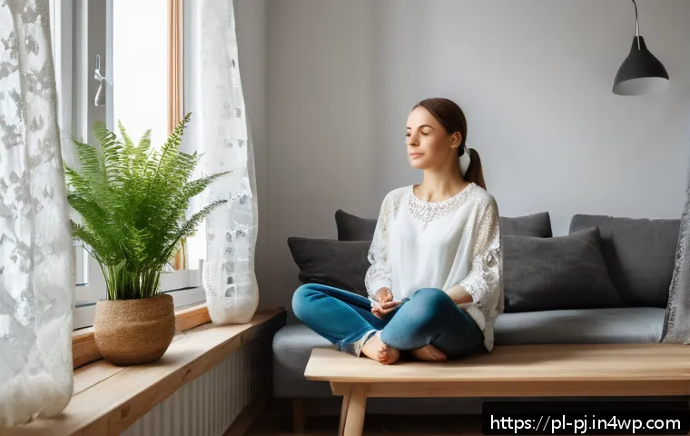 내면 평화를 위한 감정 수용 방법 - A peaceful indoor scene showing a young Polish adult sitting comfortably in a cozy living room, prac...