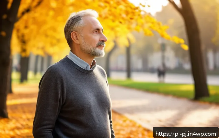 내면의 소리에 귀 기울이는 방법 - A serene urban park scene in Warsaw during early autumn, showing a middle-aged Polish man taking a p...