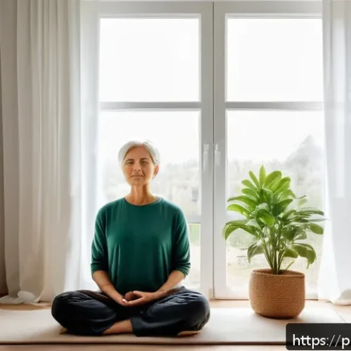 Home 30 내면 평화를 위한 명상 일상화하기 - A serene morning meditation scene set in a cozy Polish home interior, featuring a middle-aged woman ...
