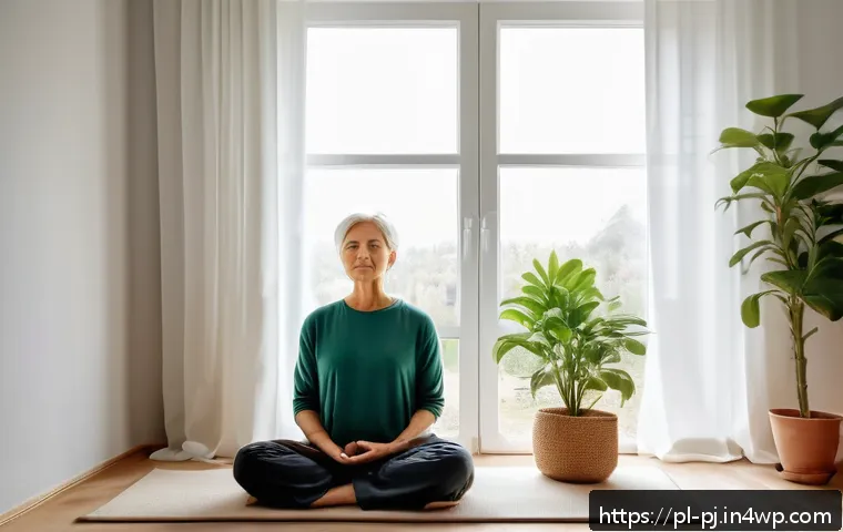내면 평화를 위한 명상 일상화하기 - A serene morning meditation scene set in a cozy Polish home interior, featuring a middle-aged woman ...
