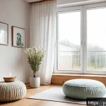 Home 23 내면 평화 명상과 정신적 치유의 연관성 - A serene and cozy indoor meditation space in a modern Polish apartment, featuring a softly lit corne...